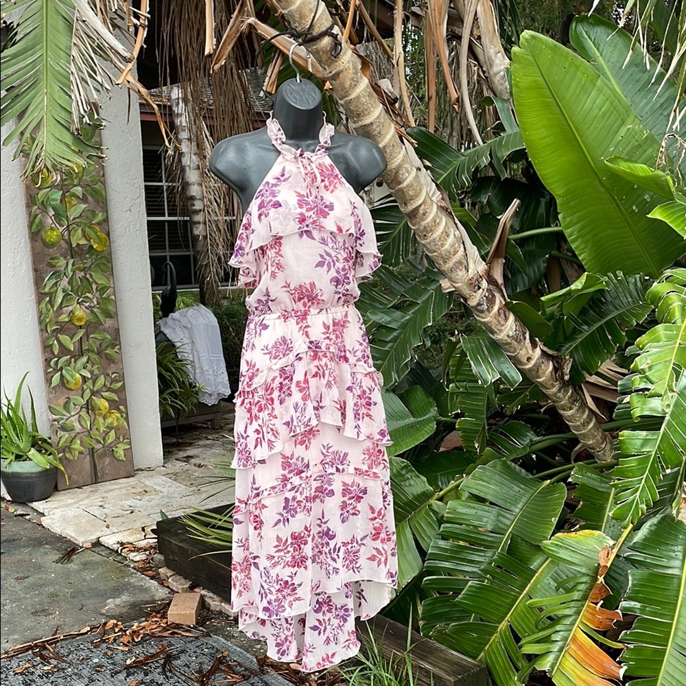 Express floral halter ruffled Hilow or asymmetric dress